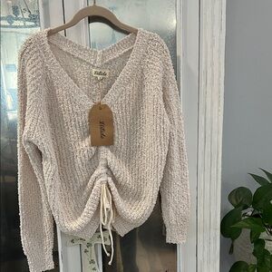 Listicle Cream Textured V-Neck Drawstring Pullover